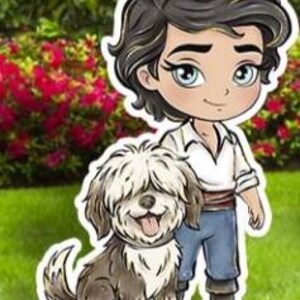 May include: A cartoon cutout of a young man with dark hair, blue eyes, and a white shirt, blue pants, and black boots, standing next to a fluffy, light brown and white dog with its tongue out. The background features green grass and red flowers.