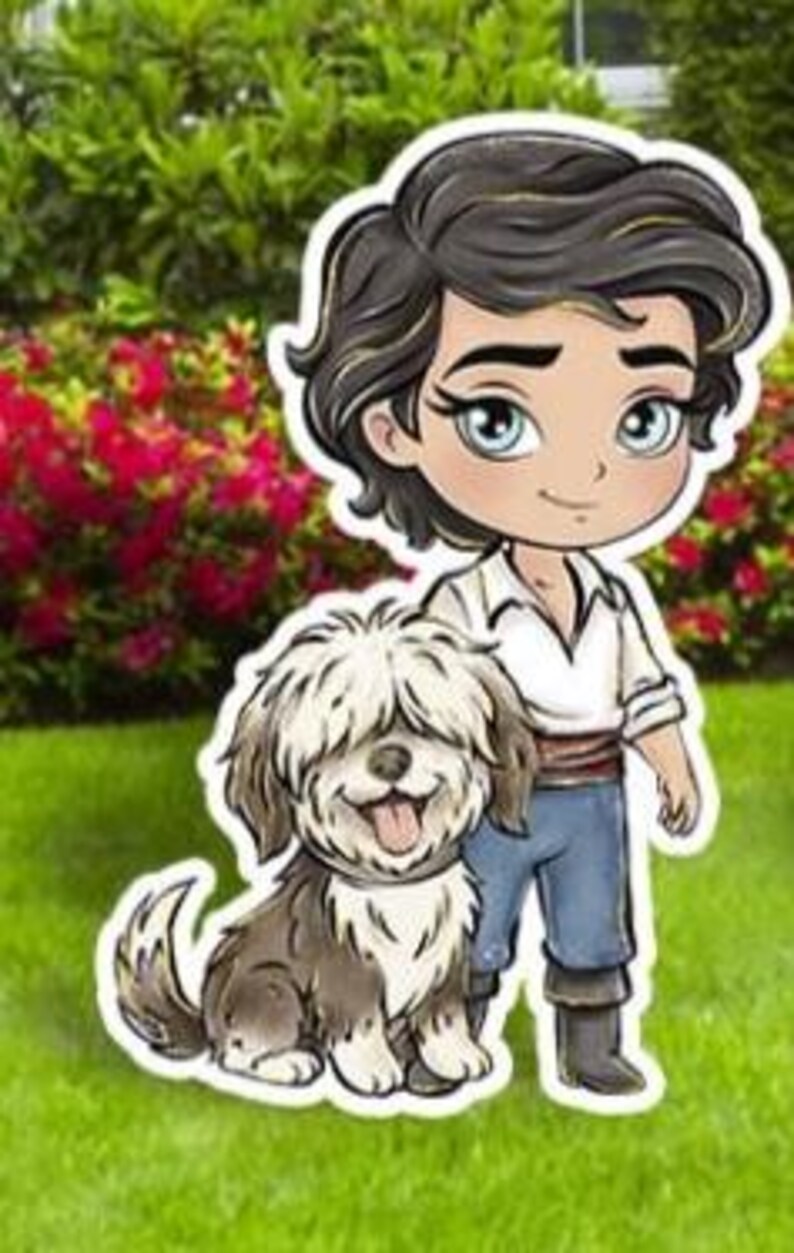 May include: A cartoon cutout of a young man with dark hair, blue eyes, and a white shirt, blue pants, and black boots, standing next to a fluffy, light brown and white dog with its tongue out. The background features green grass and red flowers.