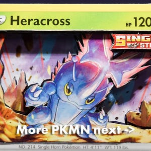 May include: A Heracross Pokémon card with a 3D layered design. The card features a blue and purple Heracross character with the text "More PKMN next ->". The card is 4'11" tall and weighs 119 lbs.