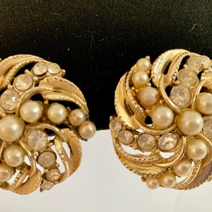 Vintage Mid Century Pearl and  Rhinestone Clip Back  Earrings