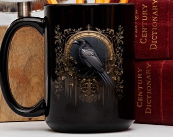 Gothic Raven Mug, Dark Academia Mug, Black Witchy Coffe Cup, Goblincore, Whimsigoth, Black Raven Mug, Gothic Tea Cup, Black Crow Coffee Cup