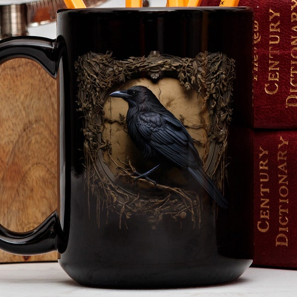 Gothic Raven Mug, Dark Academia Mug, Black Witchy Coffe Cup, Goblincore, Whimsigoth, Black Raven Mug, Gothic Tea Cup, Black Crow Coffee Cup