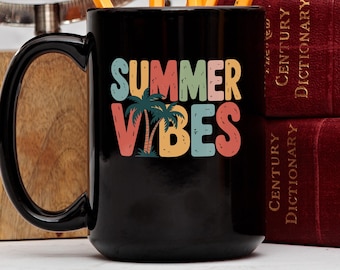 Summer Vibes Mug, Retro Palm Tree Coffee Cup, Tropical Beach Drinkware, Boho Style Happy Sunshine, Good Vibes Summer Gift, Vacation Decor