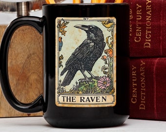 Taza de tarot con cuervo gótico, taza de tarot gótico, taza de Dark Academia, taza de café de bruja, taza de cuervo encantador, taza gótica, taza wiccana