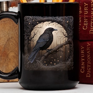 Gothic Raven Mug, Dark Academia Mug, Black Witchy Coffe Cup, Goblincore, Whimsigoth, Black Raven Mug, Gothic Tea Cup, Black Crow Coffee Cup