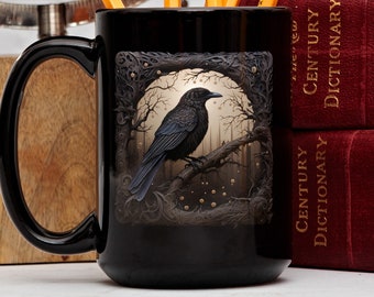 Gothic Raven Mug, Dark Academia Mug, Black Witchy Coffe Cup, Goblincore, Whimsigoth, Black Raven Mug, Gothic Tea Cup, Black Crow Coffee Cup