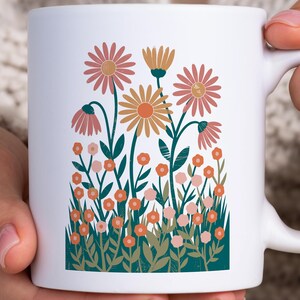 Boho Daisy Flower Mug, Vintage Floral Mug, Cottagecore Wildflower Garden Coffee Cup, Botanical Nature Print Gift For Her, Rustic Floral Mug