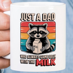 Nur ein Vater, der mit der Milch-Waschbär-Tasse zurückkam, lustiges Vatertagsgeschenk, Vater-Geburtstagsgeschenk, Retro Sonnenuntergang, Vater-Witz-Humor-Kaffeetasse
