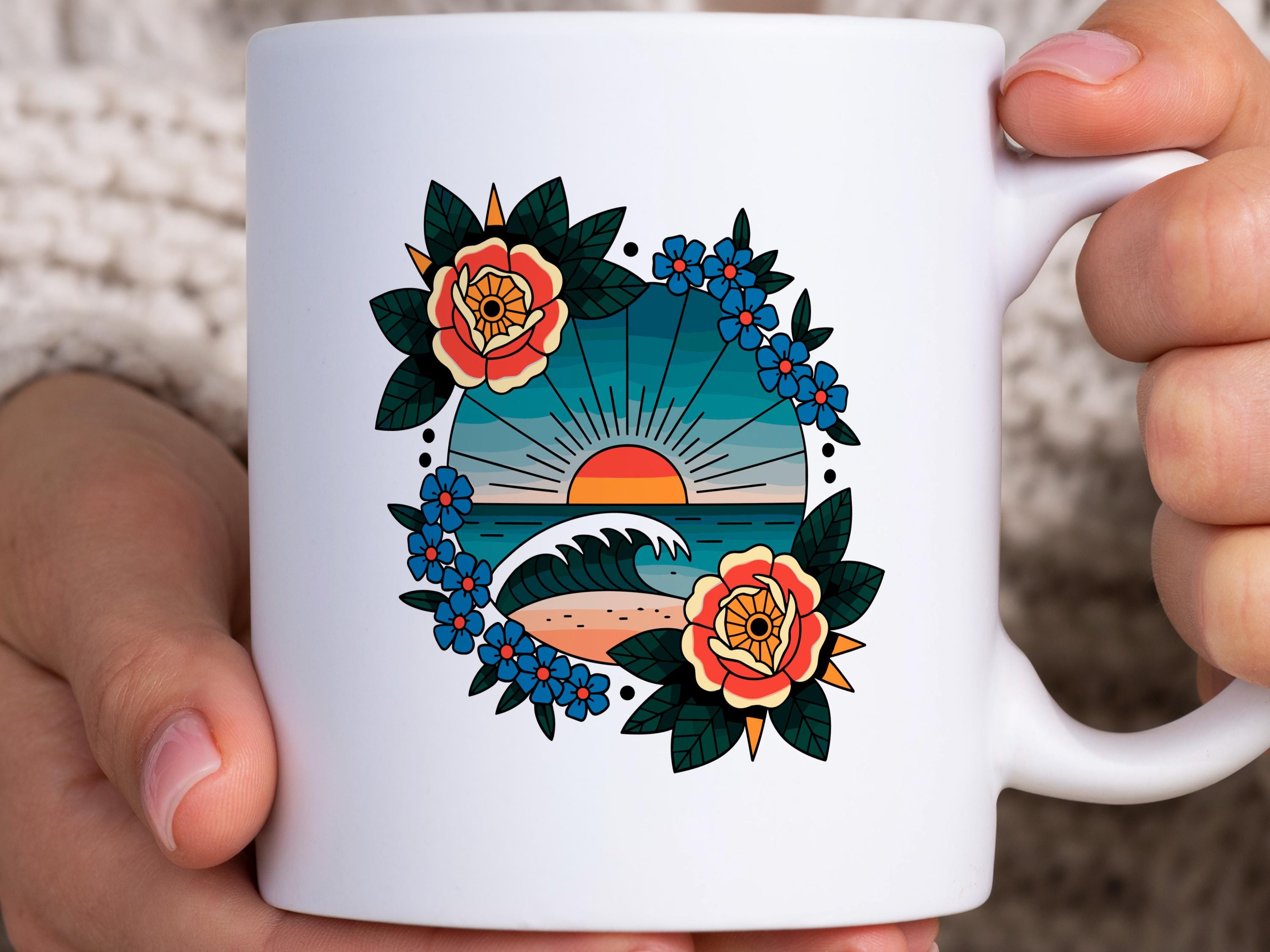 Vintage Floral Tattoo Style Mug, Floral Beach Sunset Ocean Wave Coffee Cup, Coastal Summer Drinkware Gift, Surfer Art, Rose, Blue Flowers
