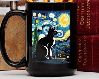 Starry Night Cat Mug, Van Gogh Style Cat Mug, Black Tuxedo Cat Art, Swirling Night Sky, Cat Lover Gift, Unique Art Mug, Birthday Gift