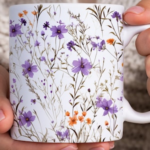 Lavender Pressed Flower Mug, Boho Wildflowers Cottagecore Coffee Mug, Vintage Botanical Tea Cup, Pastel Floral Nature Mug, Garden Lover Gift