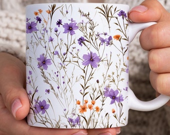 Taza de flores prensadas de lavanda, taza de café Cottagecore de flores silvestres boho, taza de té botánico vintage, taza de naturaleza floral pastel, regalo para amantes del jardín