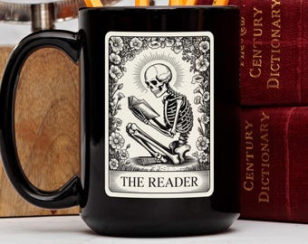 Reader Tarot Card Mug, The Reader Skeleton Tarot Mug, Witchy Occult Mug for Book Lovers, Tarot Reader Gift, Gothic Skeleton Mug, Witch Gift
