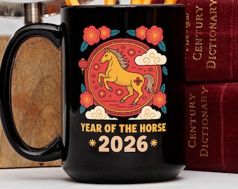 Chinese New Year 2026 Year of the Horse Mug, Zodiac Horse Mug, Lunar New Year Gift, Red Gold Ceramic Mug, Chinese Zodiac Gift, Horse Lover