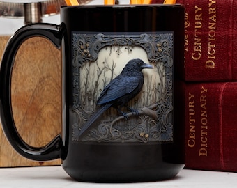 Gothic Raven Mug, Dark Academia Mug, Black Witchy Coffe Cup, Goblincore, Whimsigoth, Black Raven Mug, Gothic Tea Cup, Black Crow Coffee Cup