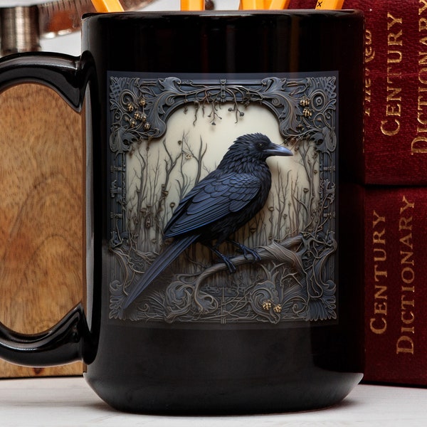 Gothic Raven Mug, Dark Academia Mug, Black Witchy Coffe Cup, Goblincore, Whimsigoth, Black Raven Mug, Gothic Tea Cup, Black Crow Coffee Cup