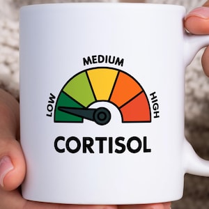 May include: White ceramic mug with a gauge design indicating cortisol levels. The gauge ranges from green (low) to orange (high), with the word "CORTISOL" in bold black letters below the gauge.