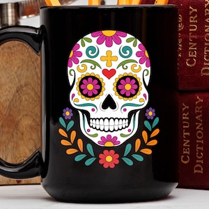 Dia De Los Muertos, Sugar Skull Coffee Mug, Colorful Floral Calavera, Day of the Dead Gift, Vibrant Mexican Folk Art, Heart Cross Design