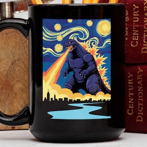 Godzilla Starry Night Mug, Kaiju Mug, Monster Coffee Mug, Van Gogh Inspired, Atomic Breath Art, City Skyline, Geek Gift, Nerd Birthday Gift