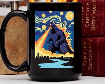 Godzilla Starry Night Mug, Kaiju Mug, Monster Coffee Mug, Van Gogh Inspired, Atomic Breath Art, City Skyline, Geek Gift, Nerd Birthday Gift