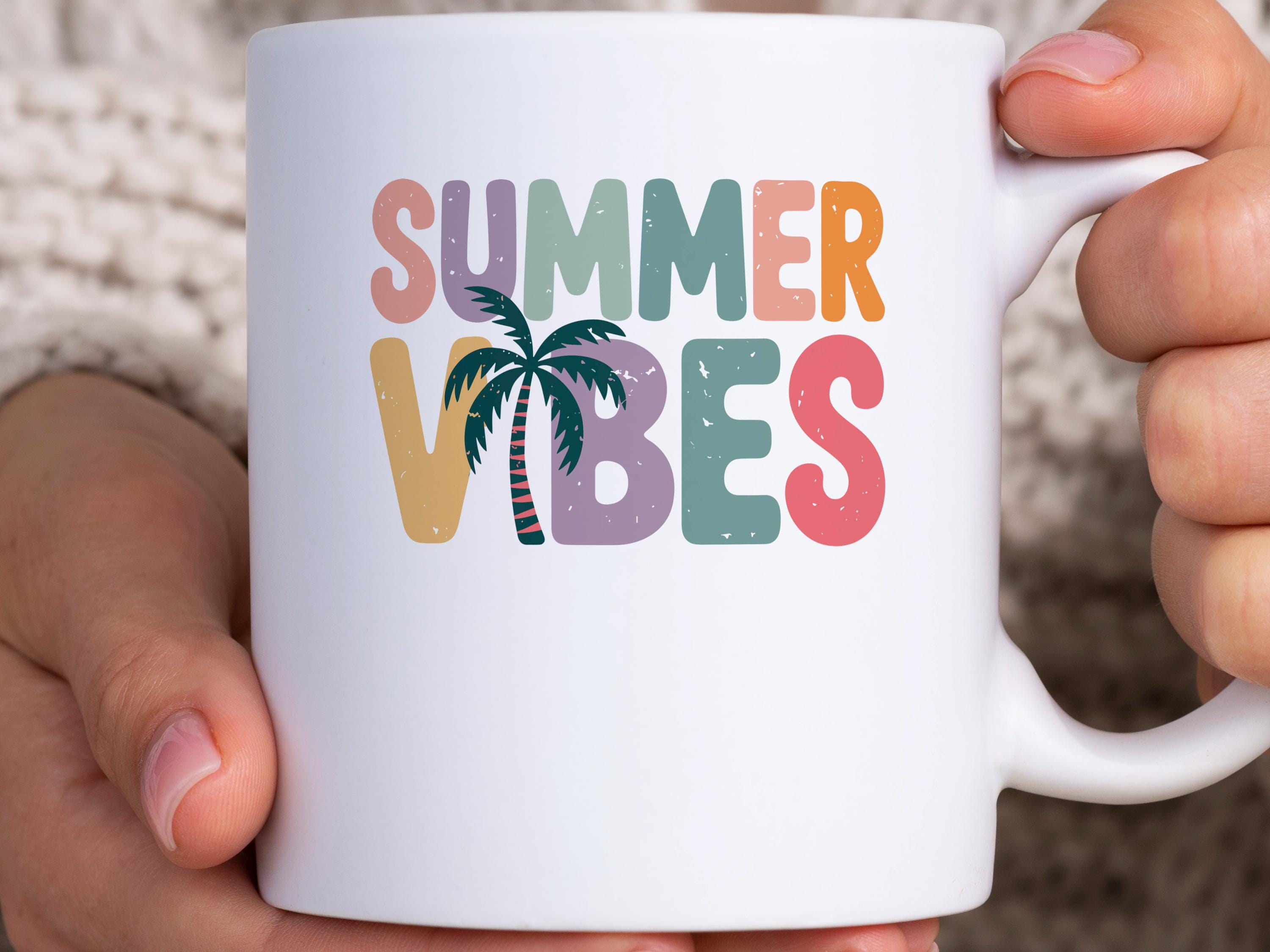 Summer Vibes Palm Tree Mug, Retro Colorful Coffee Cup, Beach Vacation Gift, Tropical Aesthetic Drinkware, Distressed Sunshine Tea Mug