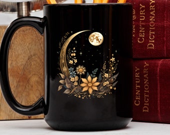 Crescent Moon and Wildflower Mandala Mug, Dark Cottagecore Mug, Spiritual Witchy Coffee Cup, Wiccan Moon Mug, Mystical Crescent Moon Mug
