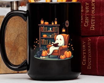 Spooky Ghost Reader Mug, Halloween Library Mug, Cozy Book Mug, Book Lover Gift, Book Club Mug, Cute Halloween Gift, Spooky Ghost Gift