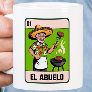 El Abuelo BBQ Grill Master Mug, Funny Grandpa Gift Idea, Spanish Grandfather Coffee Mug, Loteria Card Style Art, Unique Abuelo Birthday Pres
