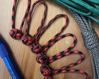 Monkey Fist Paracord Zipper Pulls Mini Knot | Red and Black pattern | Set of Six | Custom handmade tab pull for bags, luggage, or purse.