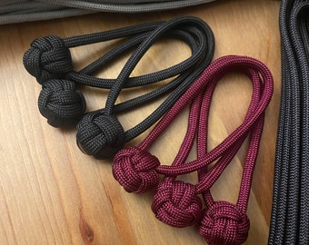 Monkey Fist Zipper Pull Paracord Mini Knot | Custom handmade tab pull for bags, jackets, luggage, or purse. Personalized gift.