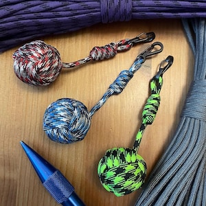 Paracord Monkey Fist Keychain | Assorted Color Patterns with Gray Mini Carabiner Clip | Handmade keychain