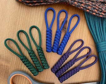 Paracord Zipper Pulls - Assorted Colors - Snake Knot - Pack of 3, 6, or 10