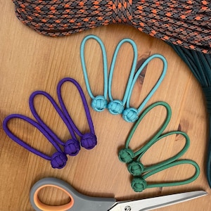 Paracord Zipper Pulls - Blues, Greens, and Purples - Monkey Fist Mini Knot - Pack of 3