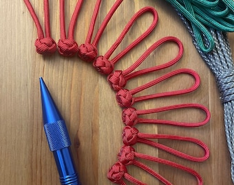 Paracord Zipper Pull Diamond Knot | Pack of Ten | Red | handmade tab pull for bags, jackets, luggage, or purse.