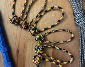 Monkey Fist Paracord Zipper Pulls Mini Knot | Black, Orange, and Yellow pattern | Set of Six | Custom handmade tab pull for zipper