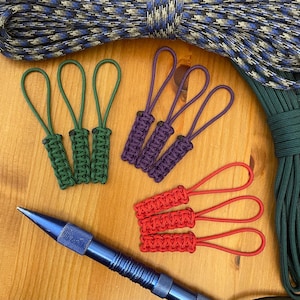 Thin Paracord Zipper Pulls - Assorted Colors - Cobra Knot - Pack of 3 or 6