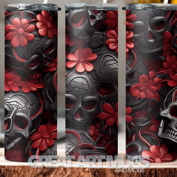 3d Black Metal Skull With Red Flowers, Digital Download, 20oz Skinny Straight & Tapered Tumbler Sublimation Wrap, PNG 300 DPI Digital Print