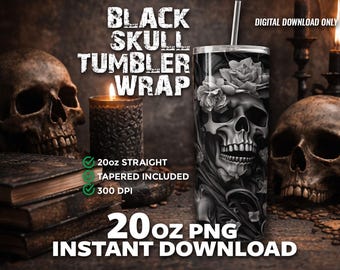 Gothic Skull Floral Tumbler Wrap PNG, Dark Roses Sublimation Design (Digital Download)