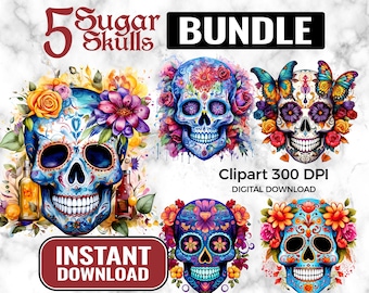 Sugar Skull Clipart Bundle, Day of the Dead PNG, Colorful Skull Clip Art, Sublimation Design, Tattoo Style Graphics, Digital Download