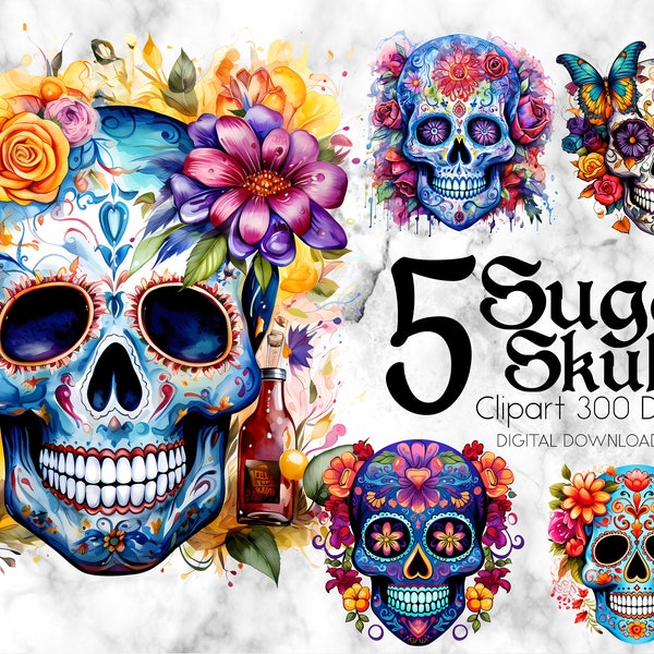 5 Sugar Skulls Digital Clipart for Crafts, Scrapbooking, and Design Projects, 300 DPI, High Resolution PNG files, Colorful