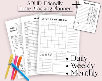 Time Blocking Planner for ADHD | Digital Daily Focus Schedule | Brain Dump | Printable Productivity PDF