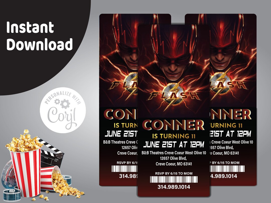 The Flash Birthday Invitation, Flash Movie Invitation, Easily Editable and Instantly Printable ...
