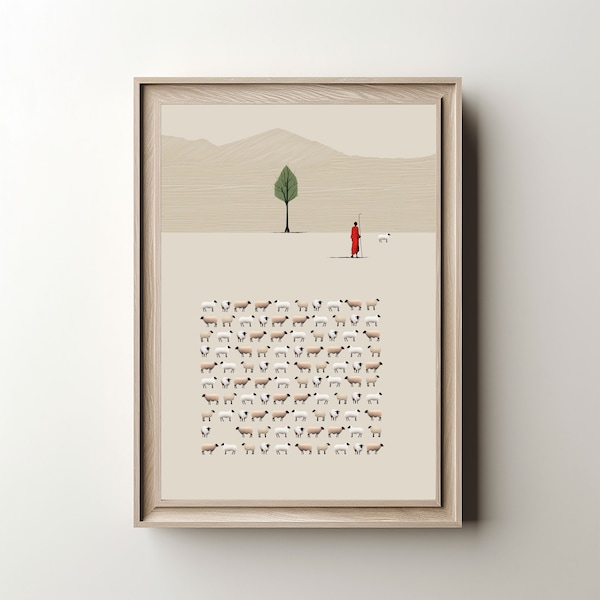 Jesus leaves the 99, Bible Parable of the Lost sheep, Vertical digital print, Good shepherd,  minimalist modern wall art, Bible Gift Art