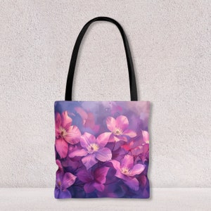 Sac fourre-tout personnalisé fleurs de clématites élégant sac de plage de voyage avec motif botanique décoratif cadeau idéal pour une femme au foyer par Agnes Pembroke
