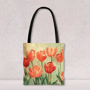 Agnes Pembroke Sac à provisions design Fleurs de tulipes Sac fourre-tout botanique avec nom personnalisé Sac de plage de voyage grande capacité en tissu polyester par Agnes Pembroke