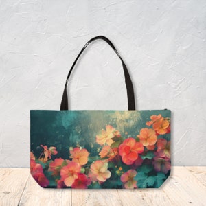 Sac de week-end coloré avec décoration de fleurs de bégonias Sac fourre-tout personnalisable avec nom avec fond en T, Agnes Pembroke