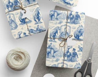 Dinosaur Toile de Jouy Style Blue Gift Wrap Sheet Victorian Dressed Dinosaurs Illustrated Pattern Gift Wrapping Paper by Agnes Pembroke