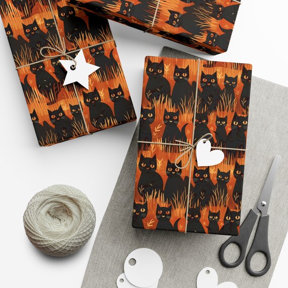 Orange Wrapping Paper Black Cat Decor Halloween Gift Wrap Black Matte Wrapping Paper by Agnes Pembroke Etsy UK