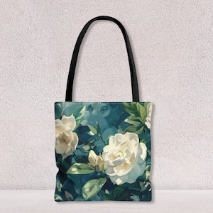 Sac fourre-tout floral personnalisé avec nom personnalisé pour femme avec de belles fleurs de gardénia imprimées à utiliser comme sac à provisions par Agnes Pembroke