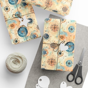 Papier cadeau boussole céleste, papier cadeau aquarelle, montres astrologiques et roues de navigation étoilées Agnes Pembroke